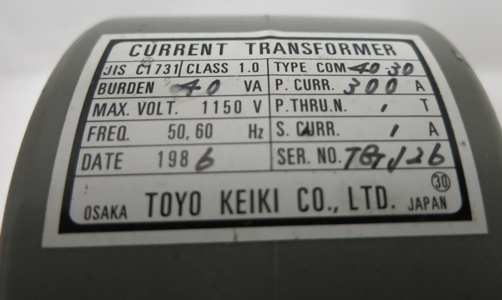 Toyo Keiki Current Transformer JISC1731 300A Class 1.0 1150V Ratio